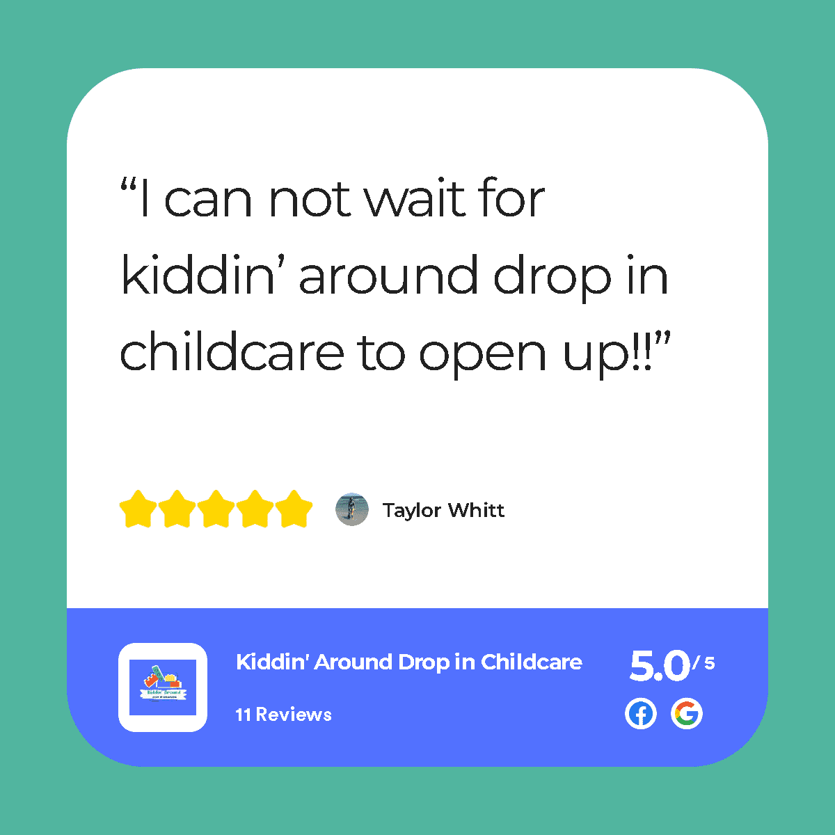 I can not wait for kiddin’ around drop in childcare to open up!!