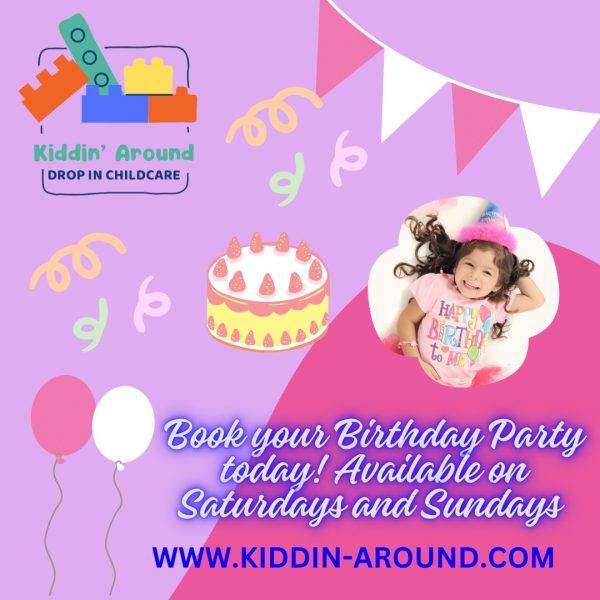 A birthday party flyer with a girl and balloons.