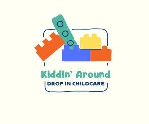 Logo for "kiddin' around drop in childcare" with colorful building blocks.