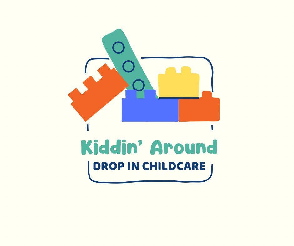 Logo for "kiddin' around drop in childcare" with colorful building blocks.