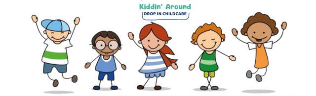 Four animated children with different hairstyles and outfits smile and wave under a sign that reads "Kiddin' Around Drop-In Childcare".