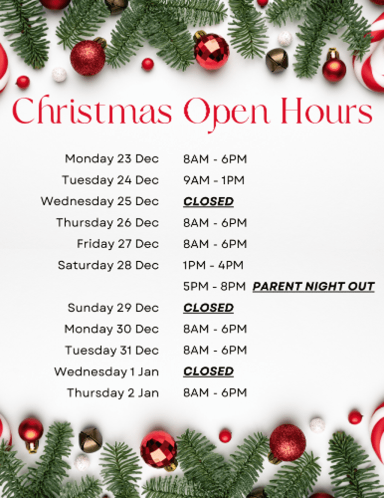 Christmas open hours schedule with festive decorations, showing holiday opening and closing times, including special events and closures on certain days.