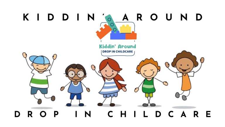 Illustrated children jumping with the "Kiddin' Around Drop In Childcare" logo above them.