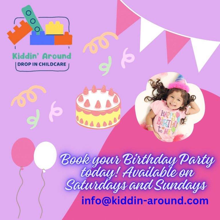 Child smiling with a birthday hat beside a cake drawing. Text promotes Kiddin' Around birthday parties, highlighted in the March Newsletter, available on Saturdays and Sundays. Pastel party decorations adorn the background for extra fun! Contact us for details.