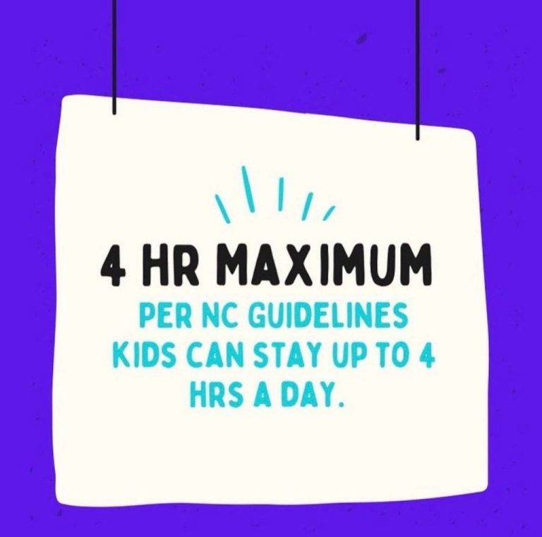 Sign with text: "4 HR MAXIMUM. Per NC guidelines, kids can stay up to 4 hrs a day." Purple background reminiscent of our March Newsletter.